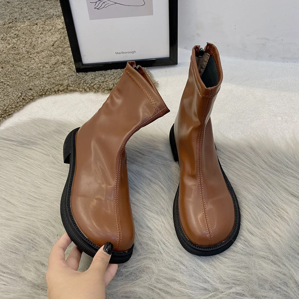 

Женские осенние сапоги, обувь на платформе, роскошные дизайнерские сапоги с круглым носком, Женские однотонные Сапоги на молнии средней выс...