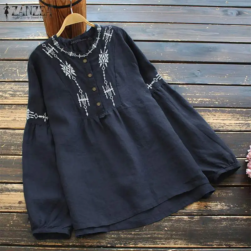 

2022 ZANZEA Vintage Embroidery Blouse Women Casual O Neck Long Puff Sleeve Shirts Button Cotton Tunic Tops Chemise