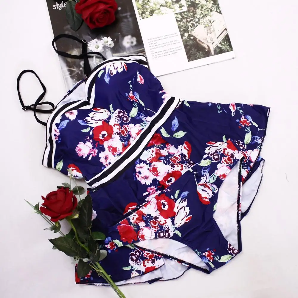 Бикини пуш-ап с цветочным принтом и оборками на подоле женский купальник из двух