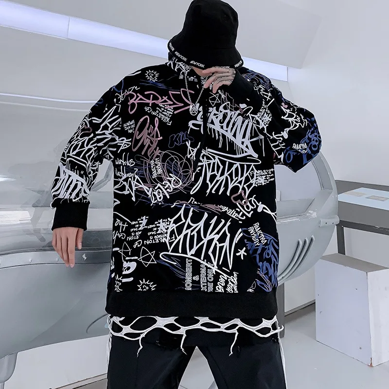 Япония Улица граффити печати толстовки хип хоп стиль Swag Tyga оверсайз черный белый