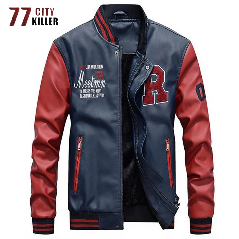 Collage Baseball Jackets Men Letter Embroidery Faux Leather Pilot Jacket Male Motorcycle Luxury Fleece Bomber Mens Coats M-4XL