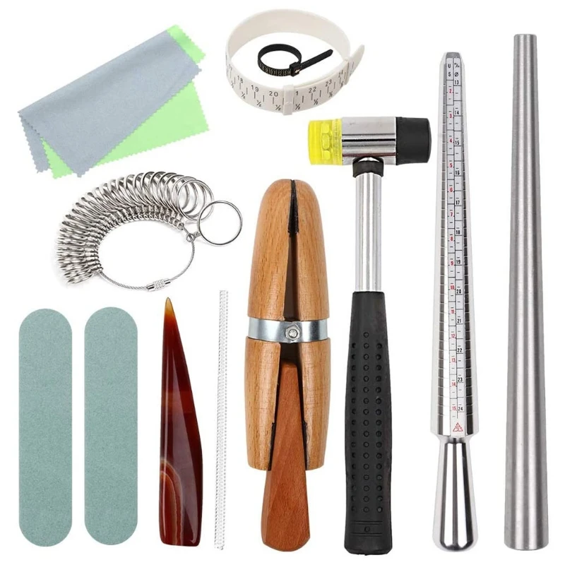 

13 Pcs Ring Mandrel Sizer Stick Finger Guage Hammer Wooden Ring Clamp Measuring