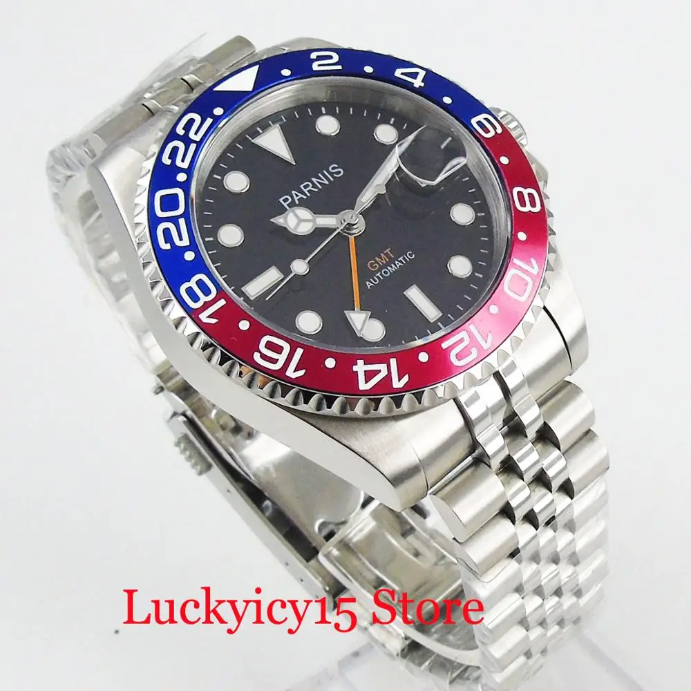 Роскошные автоматические мужские часы PARNIS GMT ручная вращающаяся рамка юбилейный