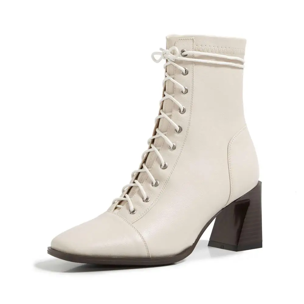 Beli Krazing Pot Panas Ukuran Besar Sepatu Bot Nyata Kulit Sapi Baru Square Toe Tebal Tinggi Tumit Renda Kantor Wanita Semata Kaki L8f1