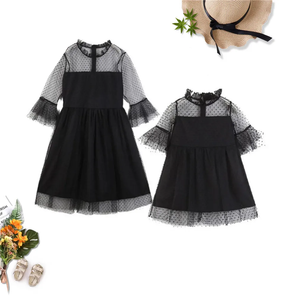 Платье для матери и дочери черное кружевное на весну/лето C0247|Сочетающаяся одежда
