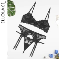 ellolace womens underwear lace lingerie set transparent bra erotic 3 piece underwire brief sets bilizna black setup ladies