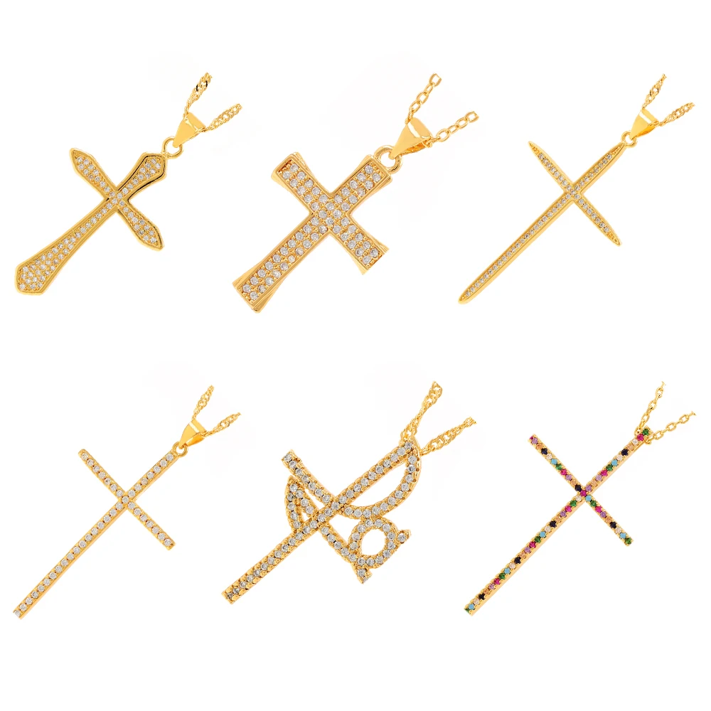 2022 Fashion Female Cross Pendants Gold Color Crystal Jesus Cross Pendant Necklace Jewelry For Men/Women Christmas Wholesale
