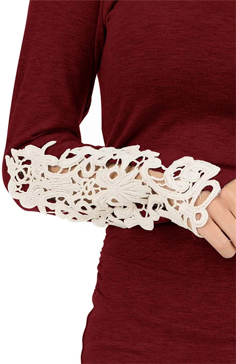 

Fashion Long Sleeve Vintage Lace Patchwork Bodycon Dress Autumn O-Neck Elegant Party Sexy Package Hip Women Slim Dresses Robe