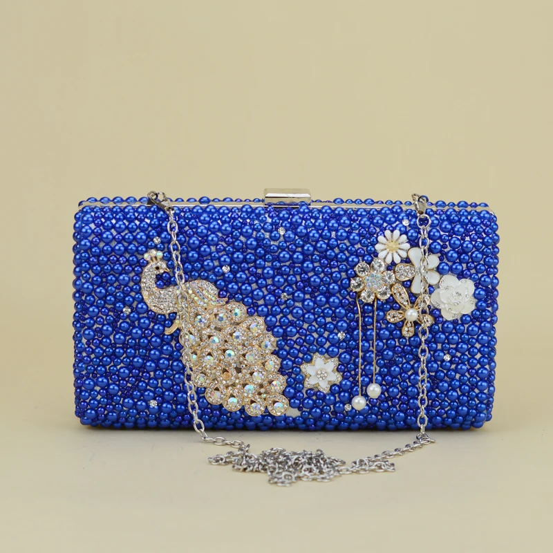 

New Royal Blue pearl Women wedding shoes with matching bags bride High heels platform shoes Peacock Ladies Paty shoe and bag set