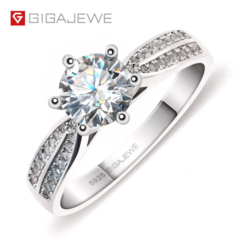 GIGAJEWE 1.0ct 6,5 мм EF Круглый 18 К покрытый белым золотом 925 Серебряное кольцо с муассанитом, Алмазное Проверенное ювелирное изделие, подарок для девушки