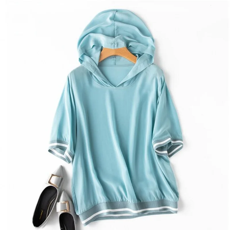 

Women's 100% Mulberry Silk crepe silk Solid Blue Color Hoodie Top Blouse short sleeves M L XL MM118