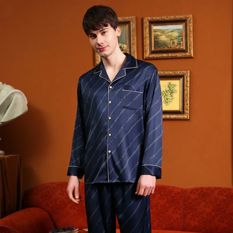 

PLUS SIZE 3XL Men Pajamas Set Autumn Spring Long Sleeve Sleepwear 2PCS Shirt&Pant Loose Casual Pijamas Suit Silky Print Homewear