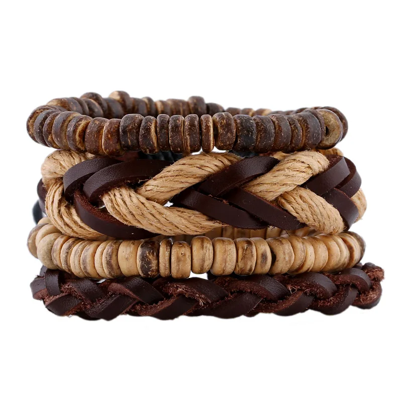 

Punk Bracelet for Men Women Genuine Leather Wood Beads Wristband Handmade Braided Wrap Bracelets Set Fashion Jewelry