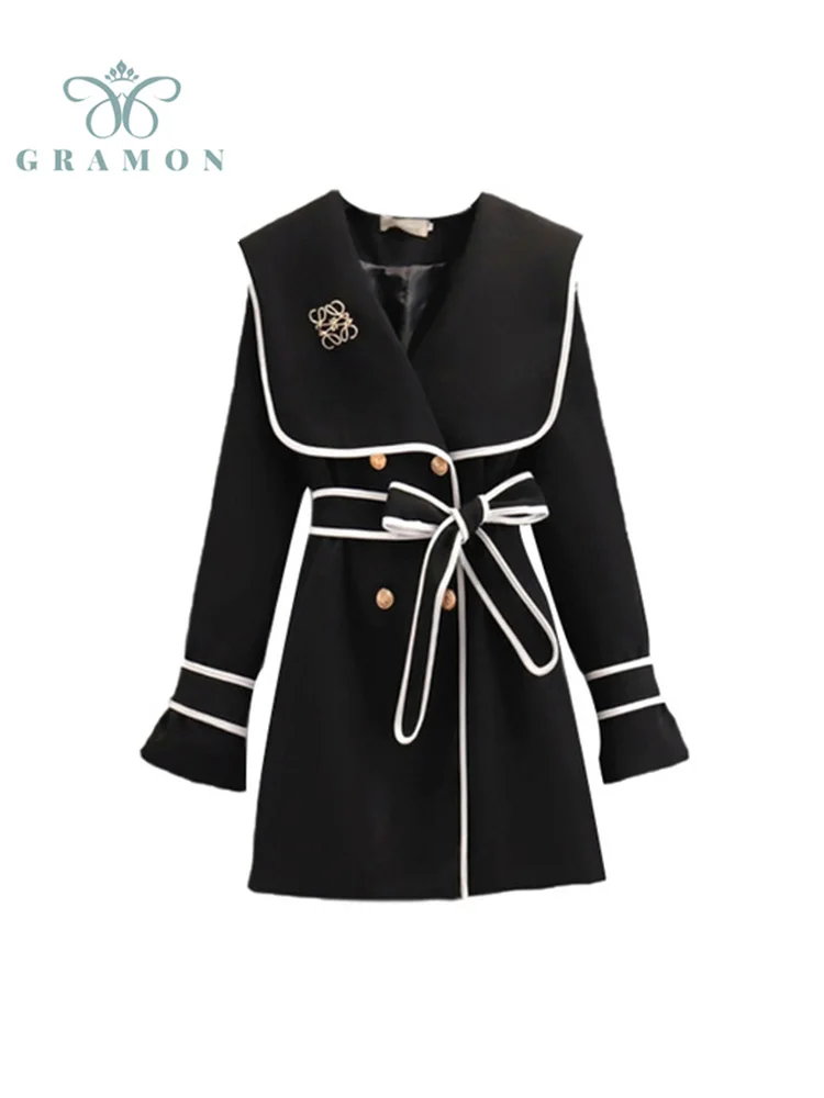 

Trench Coat Women Preppy Style Jackets Fashion Sailor Collar Belt Double Breasted Long Windbreaker Fall Winter Plus Size Clothes