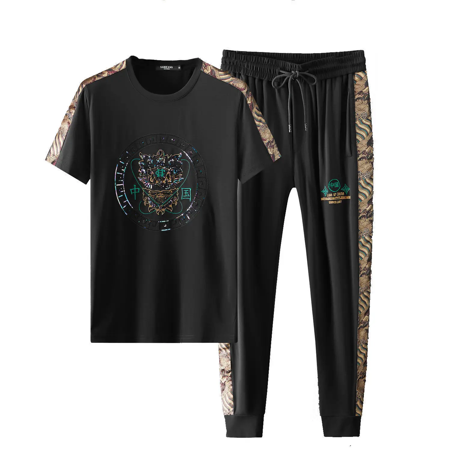 

2021 summer new men's personalized hot drill leisure short sleeve Outfits trend sports leisure two-piece set