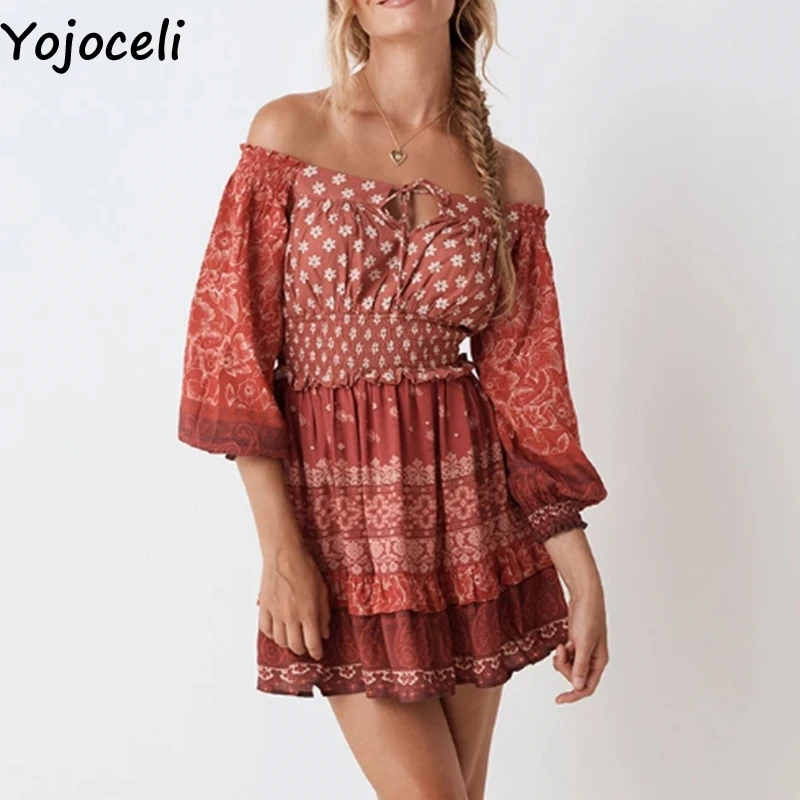 Yojoceli элегантное короткое платье с открытыми плечами цветочным рисунком женское