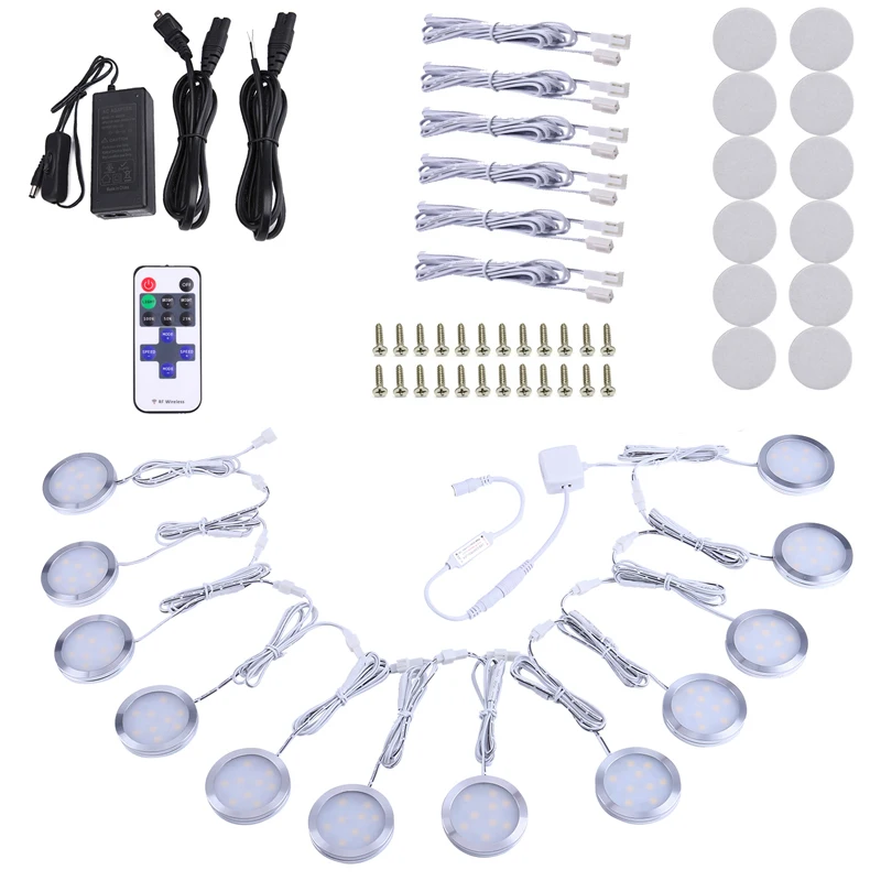 AIBOO LED Linkable Under Cabinet Lighting Dimmable 6/10/12 Puck Lights with Wireless RF Remote Control Hardwired& Wall Plug in