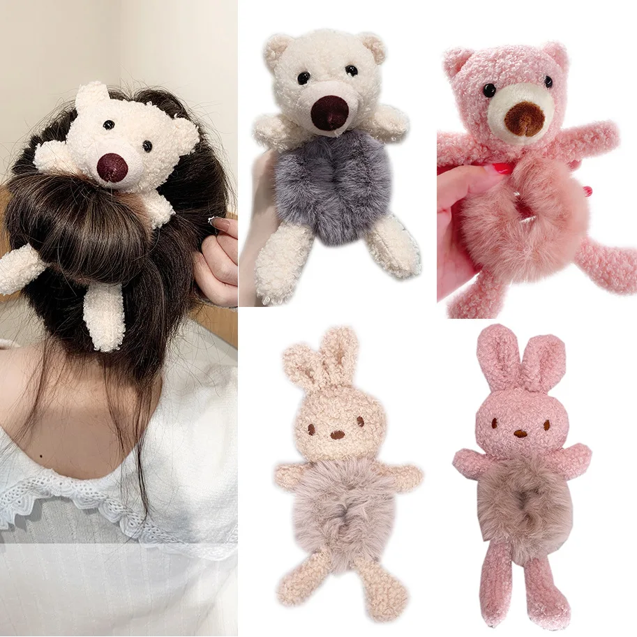 

New Women Girls Cute Plush Bear Rabbit Scrunchie Ponytail Hair Tie Decorate Elastic Hair Bands Headband Fashion Hair Accessories