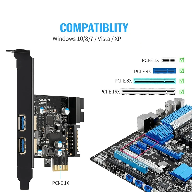 

USB 3.0 Expansion Card PCI-E 2 Port PCI Express Expansion Cards 19-Pin Power Connector for Desktops PC with Drive CD