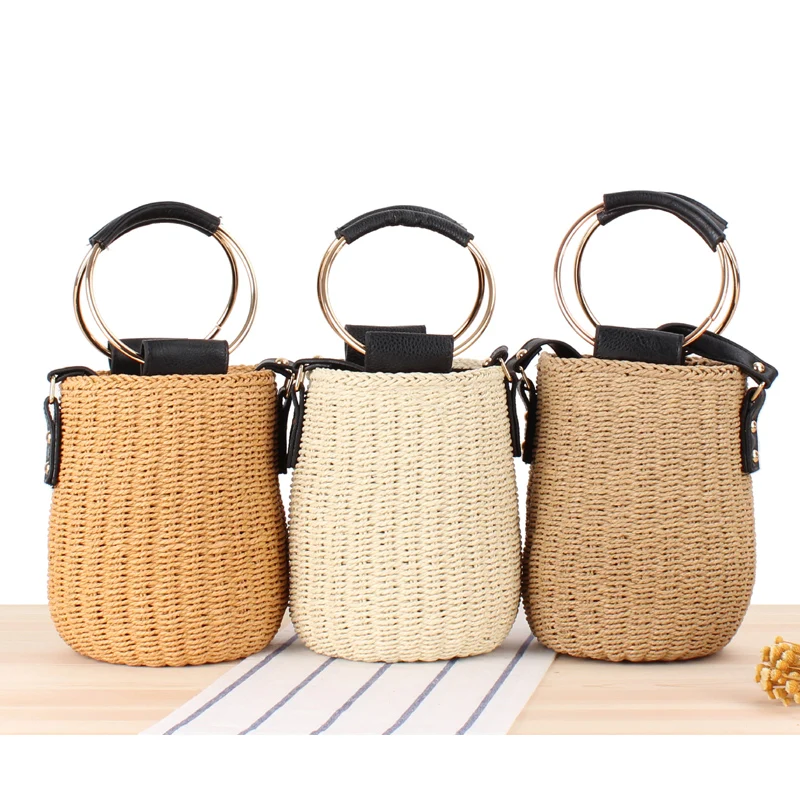 

Japanese Style Bucket Popularity Straw Woven Beach Bag Women Shoulder Bags Photo Props