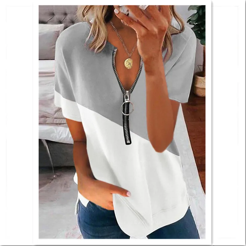 

Summer Top Tees Zipper T Shirt Female Patchwork Color Block V Neck Short Sleeve Top Loose Women's T Shirt Ladies Casual Pullover