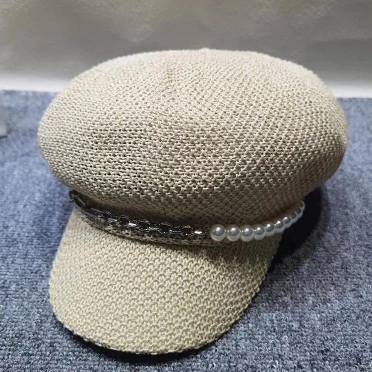 

Pearl chain beret summer travel straw sunhat sunscreen duck tongue octagonal cap net cap newsboy cap