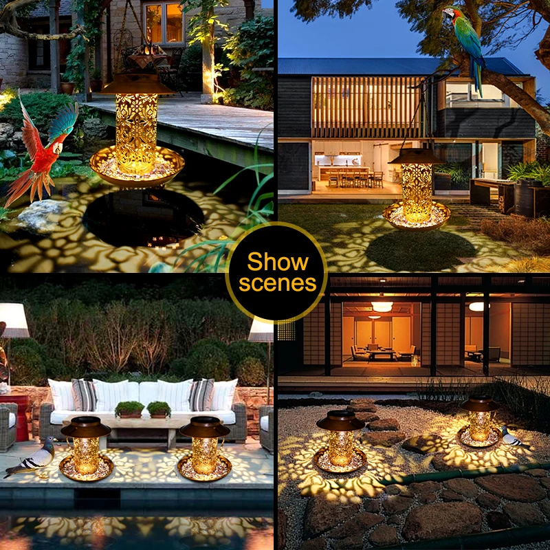 

Bird Feeder Solar Energy Light Bronze Metal Tray Outdoor Garden Tree Decoration Waterproof Wild Hanging Lantern