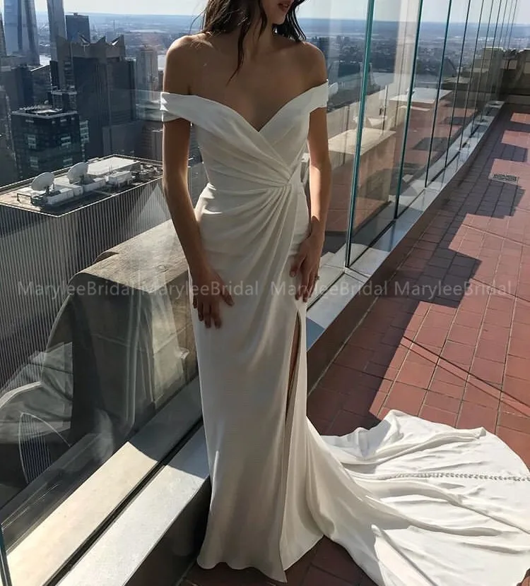 

Off Shoulder Beach Wedding Dresses Mermaid Pleats Stretch Satin Vestidos De Noiva White ivory Boho Bridal Dresses robe mariage
