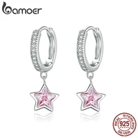 bamoer 925 sterling silver jewelry dazzling pink star cz light stud earrings for women girls gift statement jewelry bse414