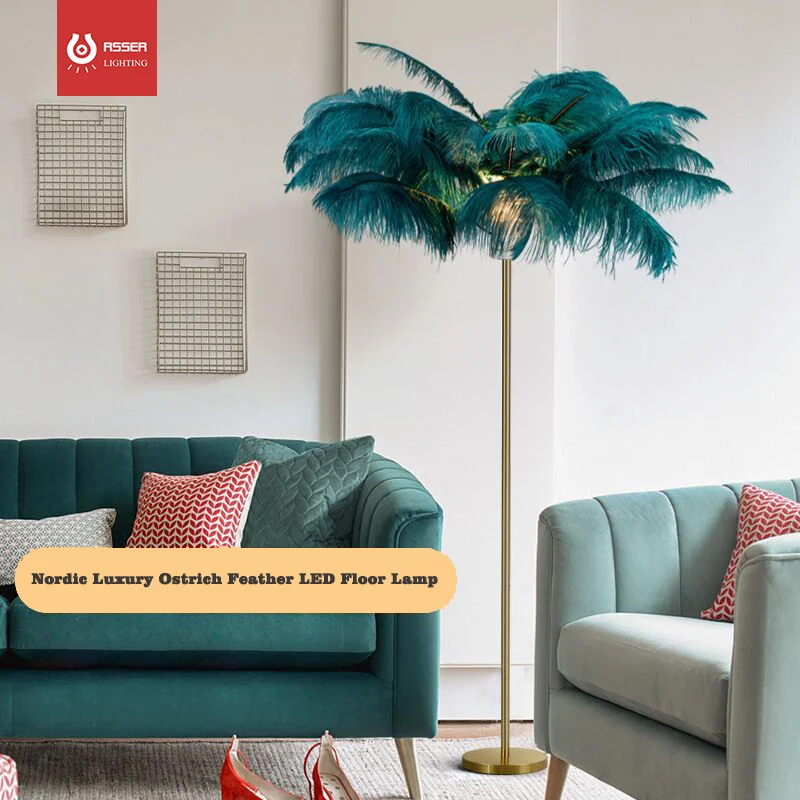 

Nordic Luxury Ostrich Feather LED Floor Lamp Copper Home Decor Art Deco Floor Lamps for Living Room Standing Light