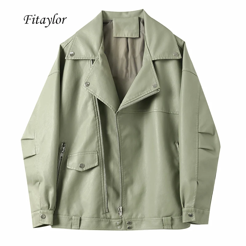 

Fitaylor New Autumn Women Faux Soft Leather Loose Jacket Overcoat Turndown Collar Pu Motorcycle Rivet Zipper Street Outerwear