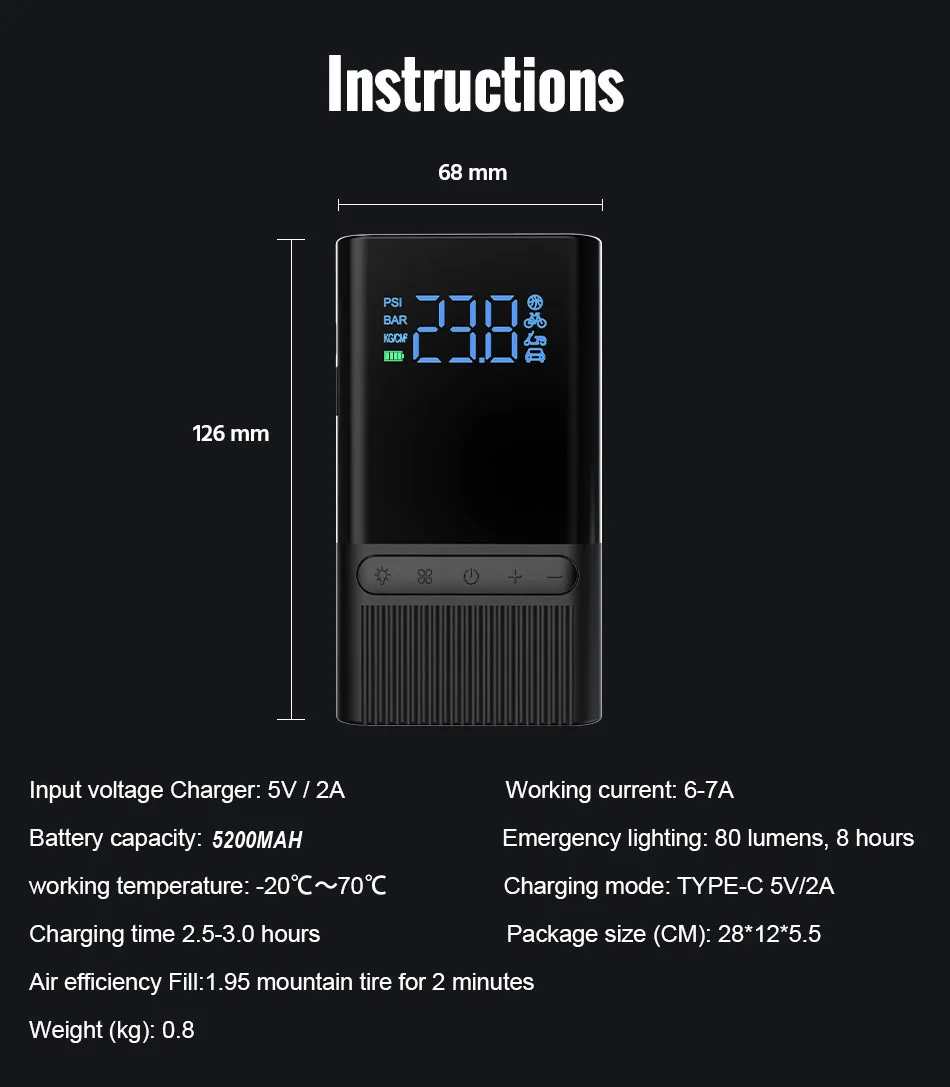 Насос автомобильный Аккумуляторный со светодиодной лампой 120PSI | Автомобили и