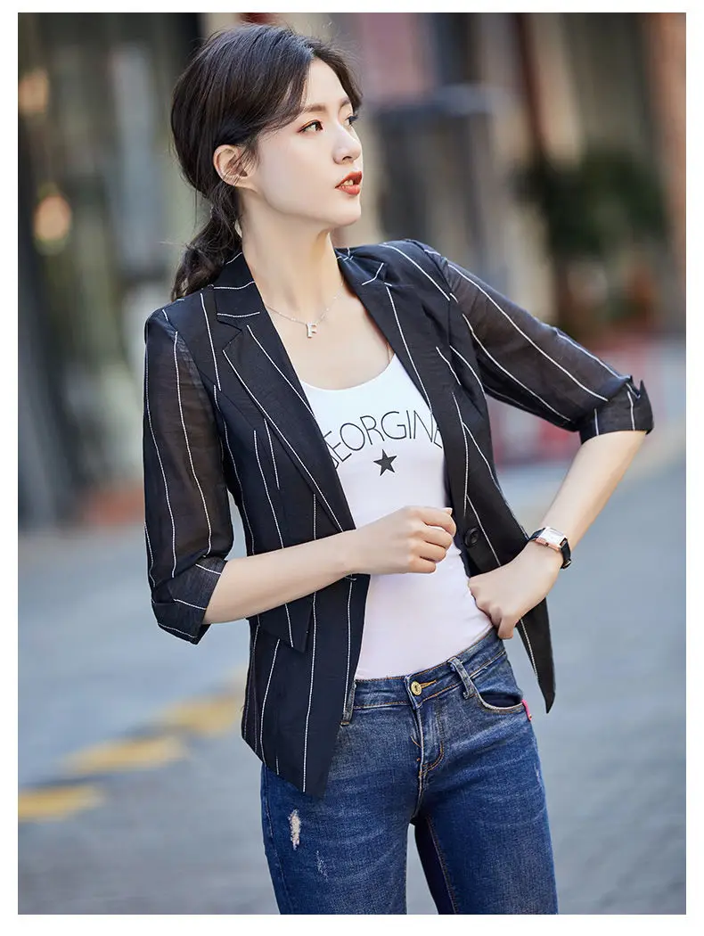 

Women Blazers Mid-Sleeve Striped Small Suit Jacket 2021 New Spring And Summer Thin Casual Clothings