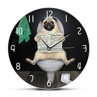 pug dog read newspaper on toilet in bathroom puppy dog wall clock funny animals wall art hanging wall watch dog lover home decor