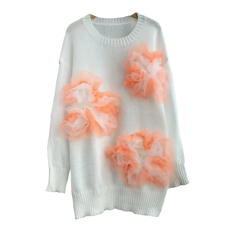 

Knitwear Pullovers for Women 2021 Autumn New Mesh Stitching Three-Dimensional Floral Loose-Fitting Sweater Outerwear Top