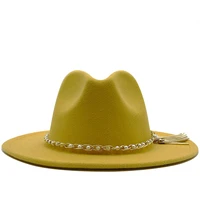 women men wide brim wool felt tassel jazz fedora hats panama style cowboy trilby party formal dress hat large size yellow white
