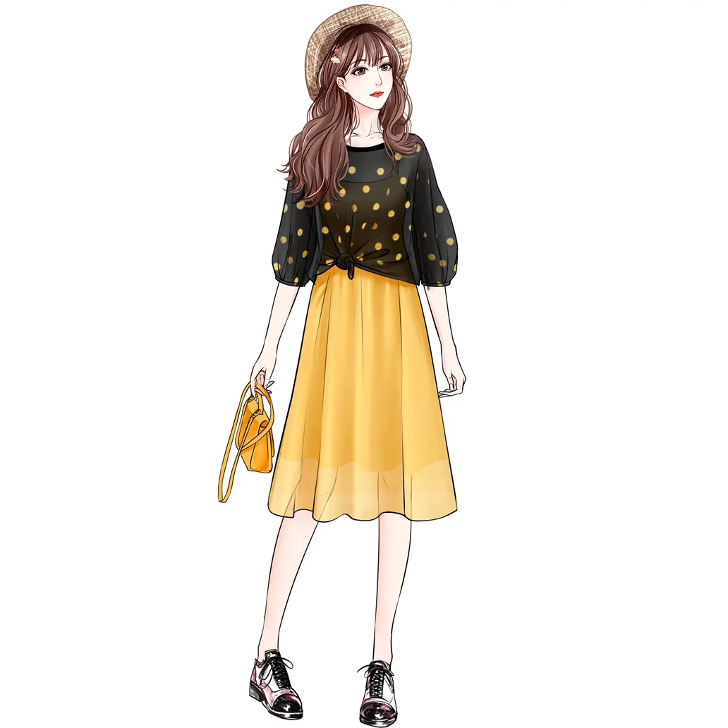 

Plus size 2021 Summer korean Casual Two Piece Set Knitted Loose Black Dot Tops Ropa Mujer Yellow V-neck Loose Chiffon Dress Set