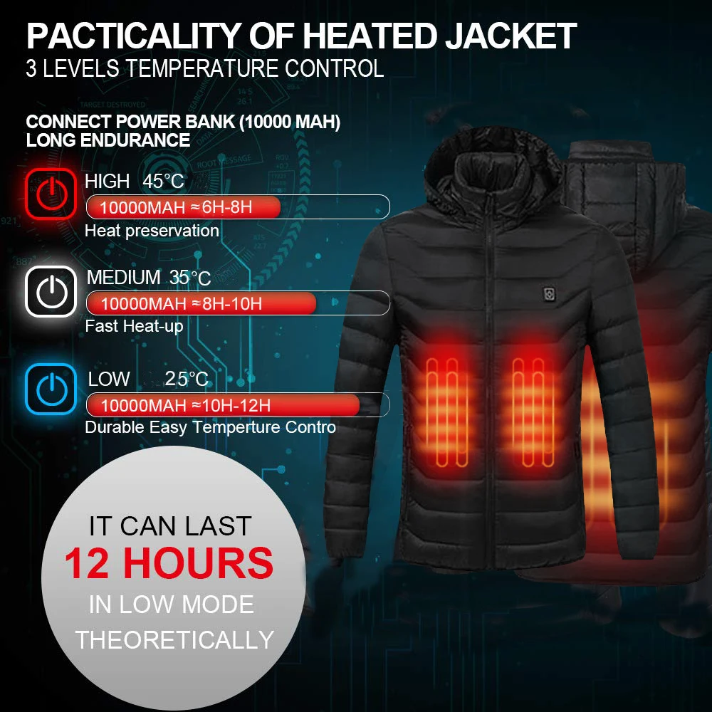Mens Winter Warm USB Heating Jackets Outdoor Coat Smart Heating Hooded Pure Color Waterproof Jackets