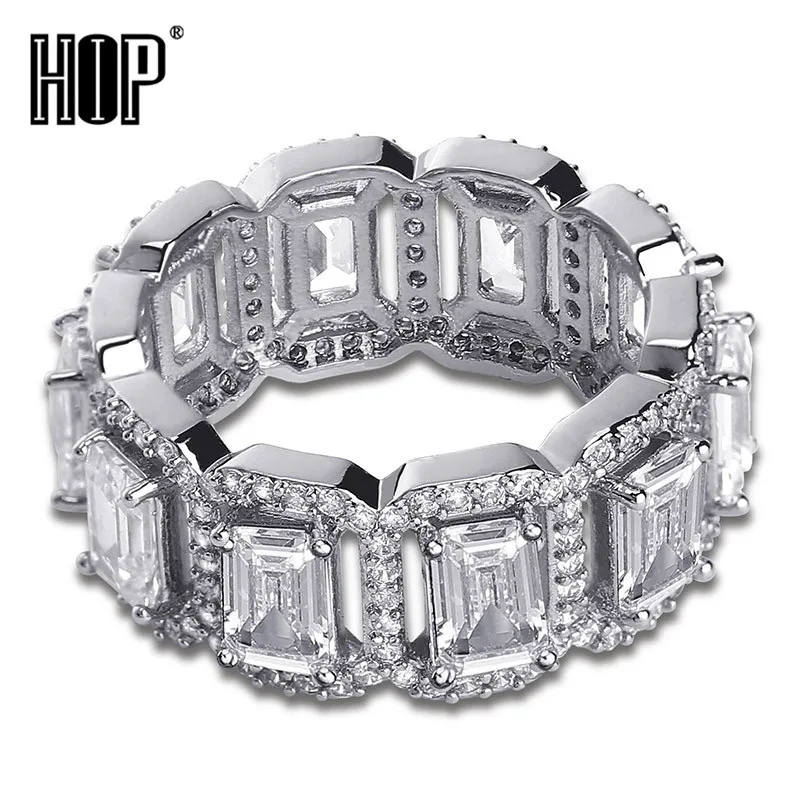 

Hip Hop Popular CZ Stones Baguette Tready Bling Iced Out Copper Zircon Ring For Men Women Jewelry