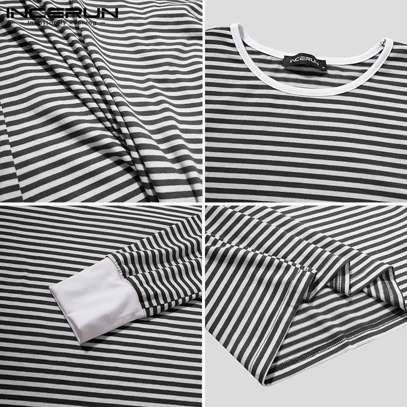 

INCERUN Spring Men Pajamas Sets Striped Patchwork O Neck Long Sleeve Cozy Sleepwear Pants Leisure Men Nightgown Suits 2 Pieces