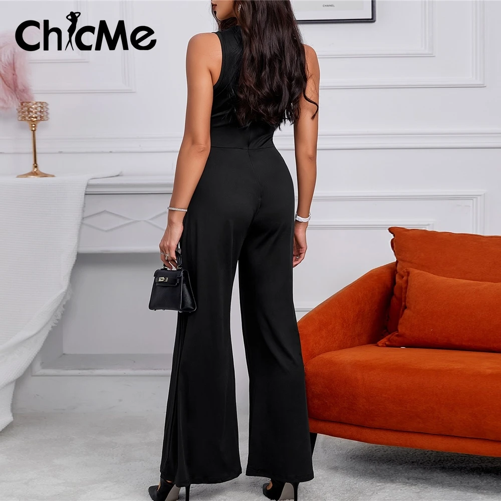 Chicme Elegant Women Wide Leg Jumpsuit Sleeveless Rhinestone Cutout Ruched Black Jumpsuit Casual Striped Romper Outfits Women