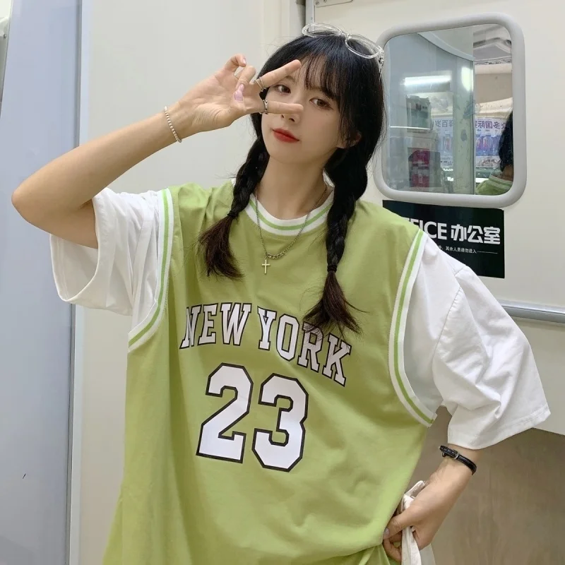 

Big Size Half Sleeve T-shirt Women's Loose Mid-Length Fake Two Plus Size Tops Summer Korean Clothes Cotton Tee Oversize Young