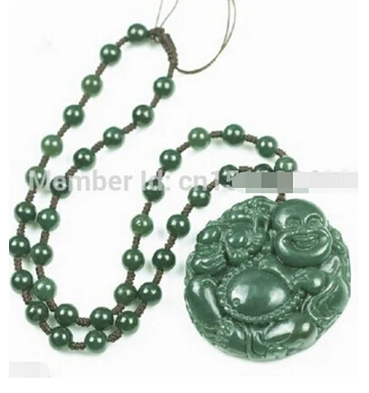 + 829 удивительный 100% натуральный зеленый нефрит Смеющийся Ожерелье Кулон
