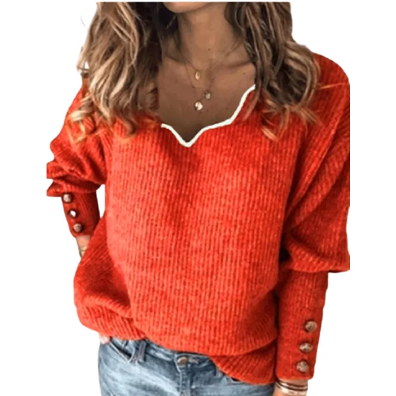 

Women Loose Casual Knitting Sweaters Autumn Solid Color Pullover Jumper With Buttons Big Size Lady Sweater Clothing