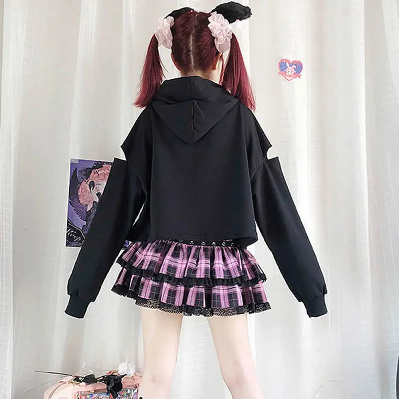 Women Harajuku Kpop Gothic Punk Alt Kawaii Sweatshirt Hoodie Bunny Print Hoody Aesthetic Tee Black Grunge Emo Clothes images - 6