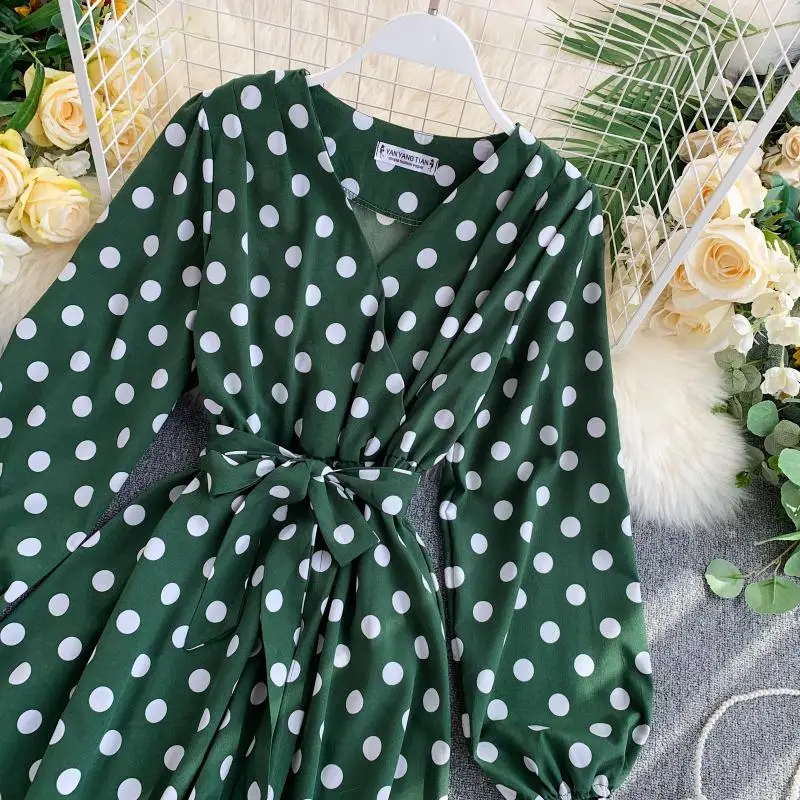 Женское винтажное платье в горошек с v-образным вырезом длинным рукавом и высокой