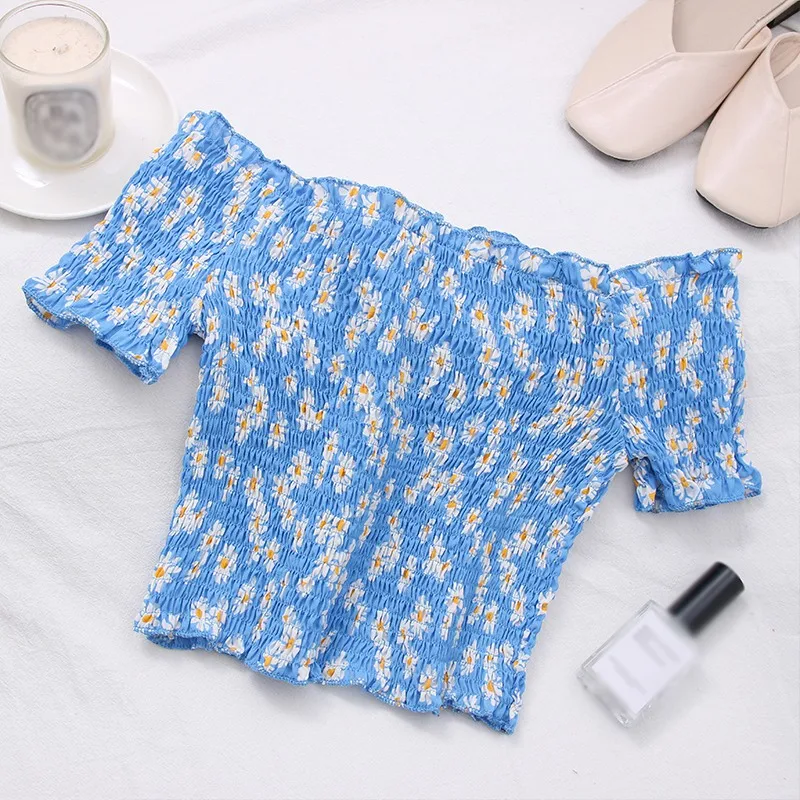 

Women Floral Blouses Sexy Off Shoulder Print Shirts Short Sleeve Ruched Blouses Crop Tops