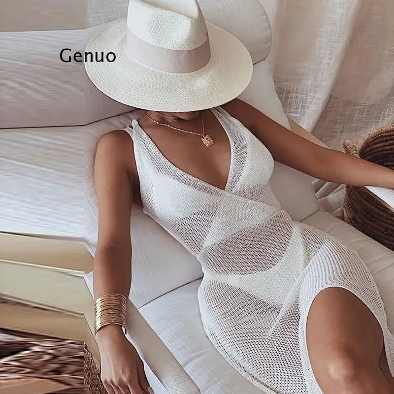 Вязаное пляжное платье макси для женщин прозрачное сексуальное с открытой