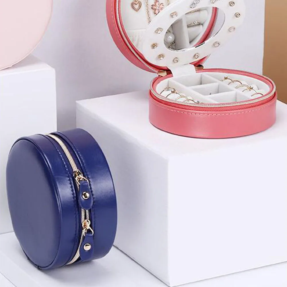 Круглая коробка для ювелирных изделий темно синий чехол из искусственной кожи с