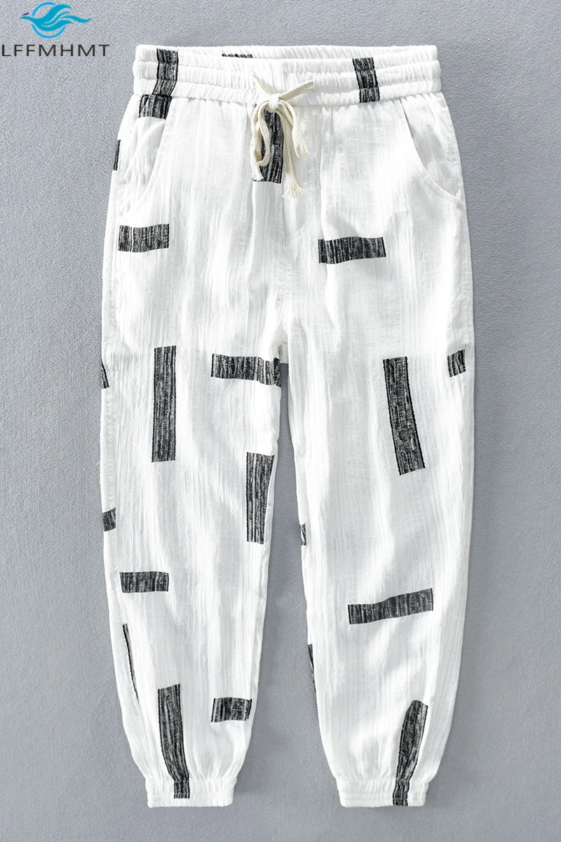 

Summer Fashion Men Elastic Waist Strip Print Simple Top Quality Ramie Linen Pant Japan Harajuku Premium Casual Thin Trouser Male